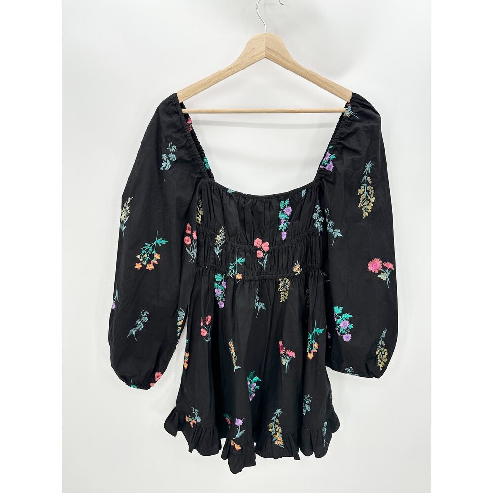 ASOS Design Women Black Floral Embroidered Long Sleeve Mini Dress Size 4 Peasant
